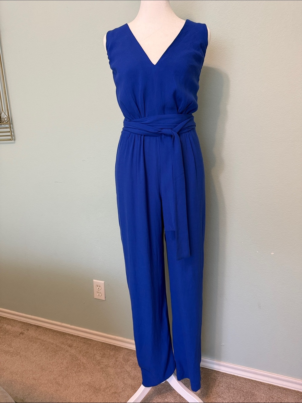Designer Vix Paula Hermanny Sleeveless V-Neck Cobalt Blue Tie Waist Jumpsuit